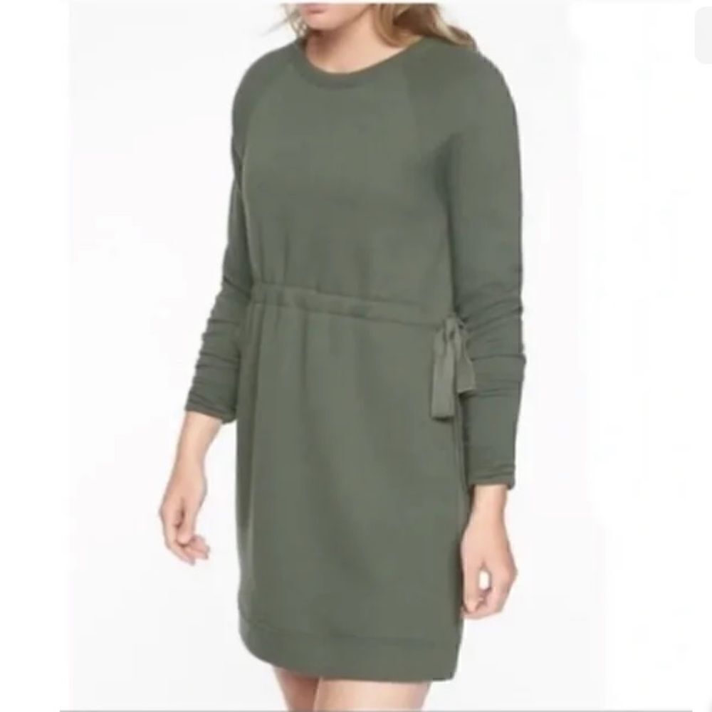 Athleta Studio Cinch Sweatshirt Dress In Olive Green Size S Long Sleeve Tie Side